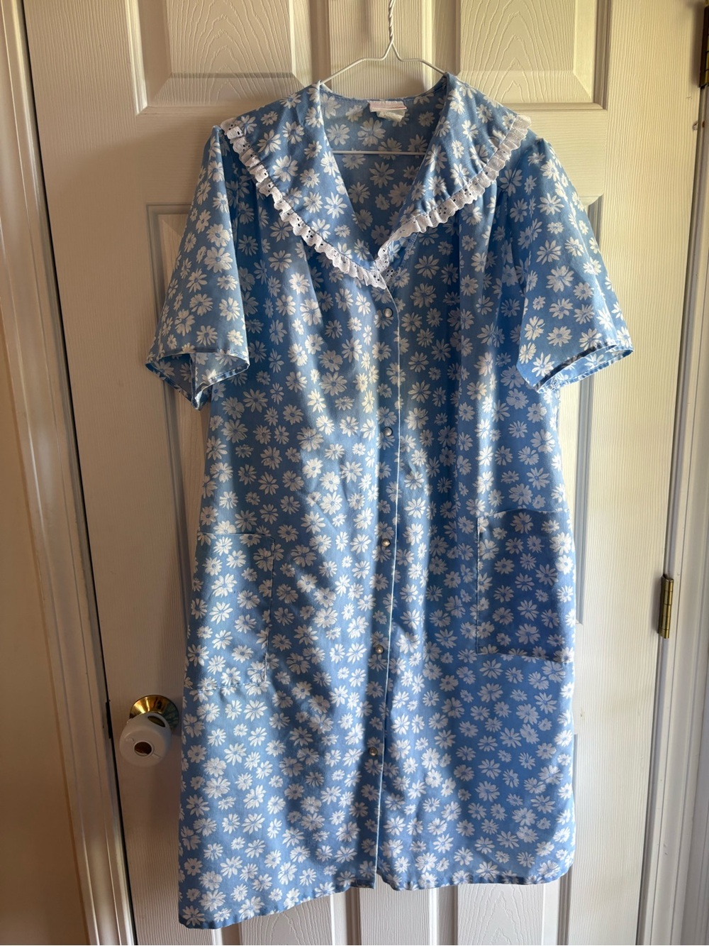 Vintage Simply Basic Blue White Daisy Floral Snap Front Duster House Dress M